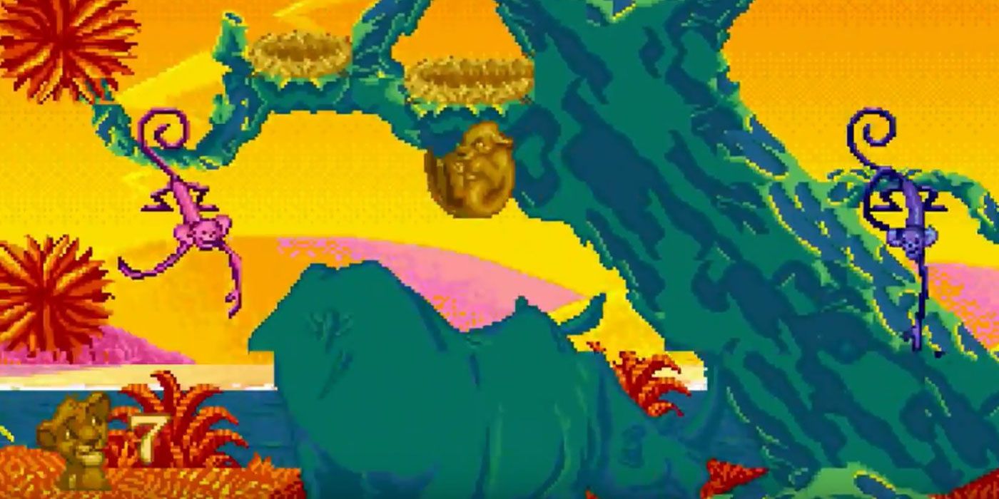 A Monkey Tossing Simba Over The Rhino in the Lion King platformer