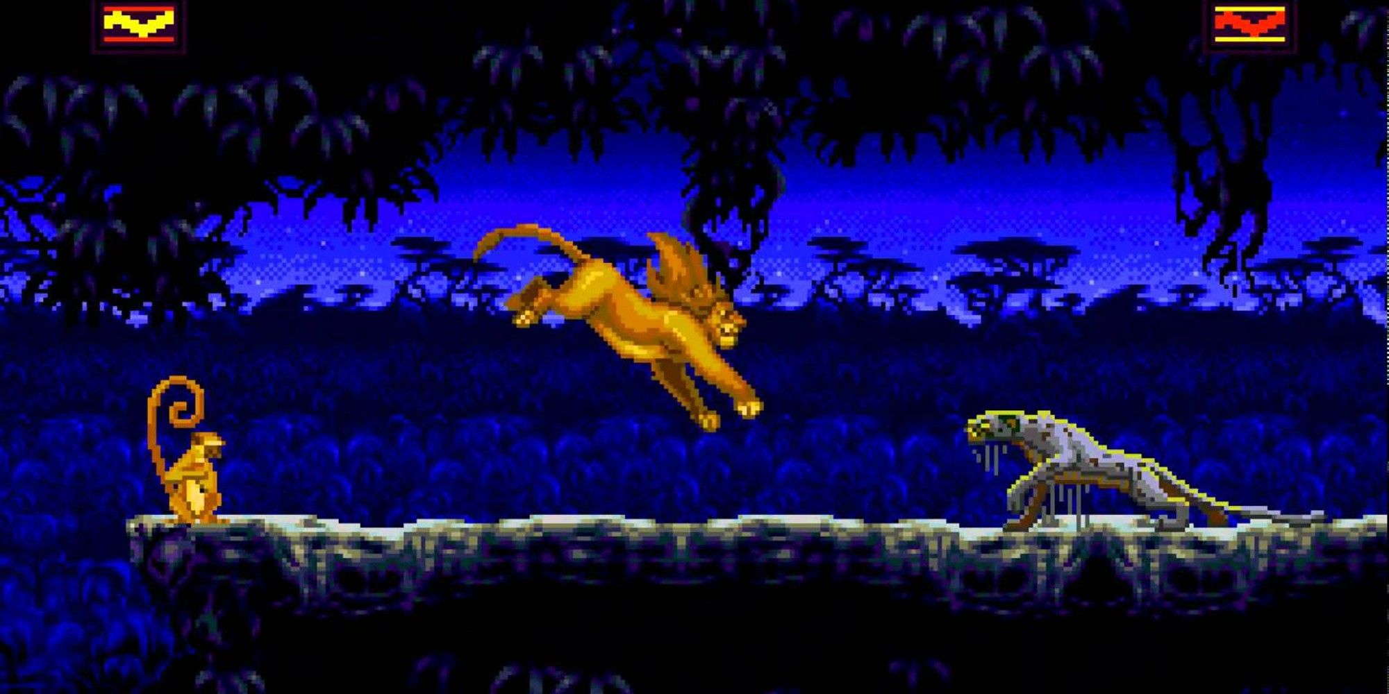 An image of a Lion King level with Simba in mid-air above rocky terrain