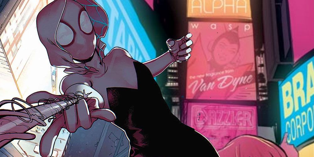 Spider-Gwen swings through New York, behind her there's ads of other superheroes