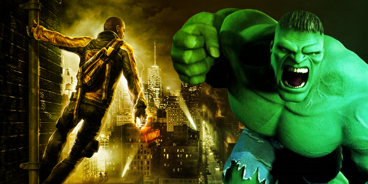 A collage of a character from Infamous looking out over a city and The Incredible Hulk roaring