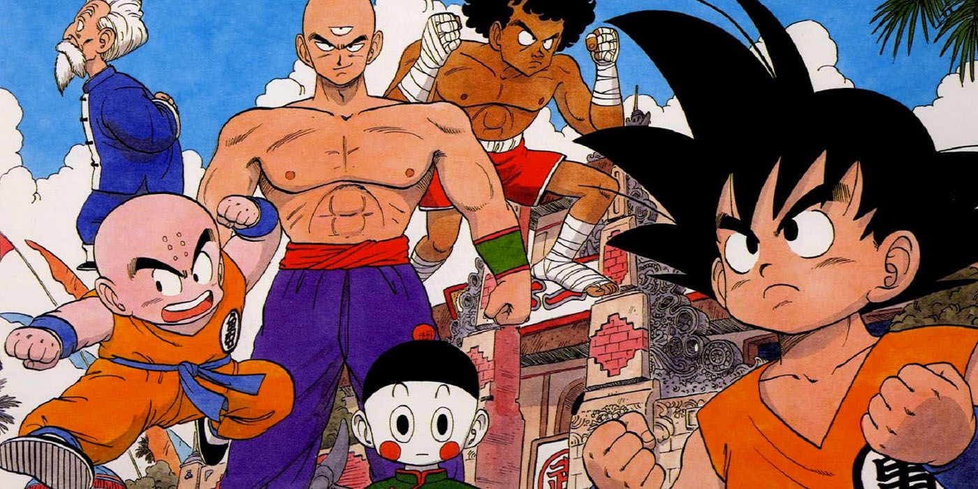 Goku, Krillin, and Tien fight at the 22nd Tenkaichi Budokai tournament