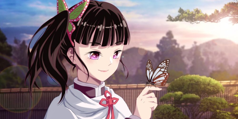 Kanao smiling at a butterfly that is perched on her index finger in Demon Slayer.