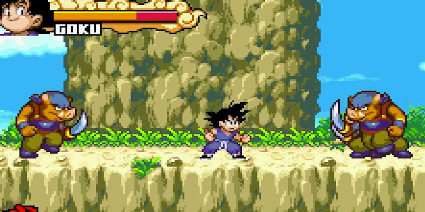 Dragon Ball Advanced Adventure - Kid Goku trapped between two boar-headed warriors