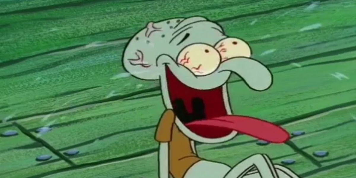 Squidward laughing wildly at Spongebob