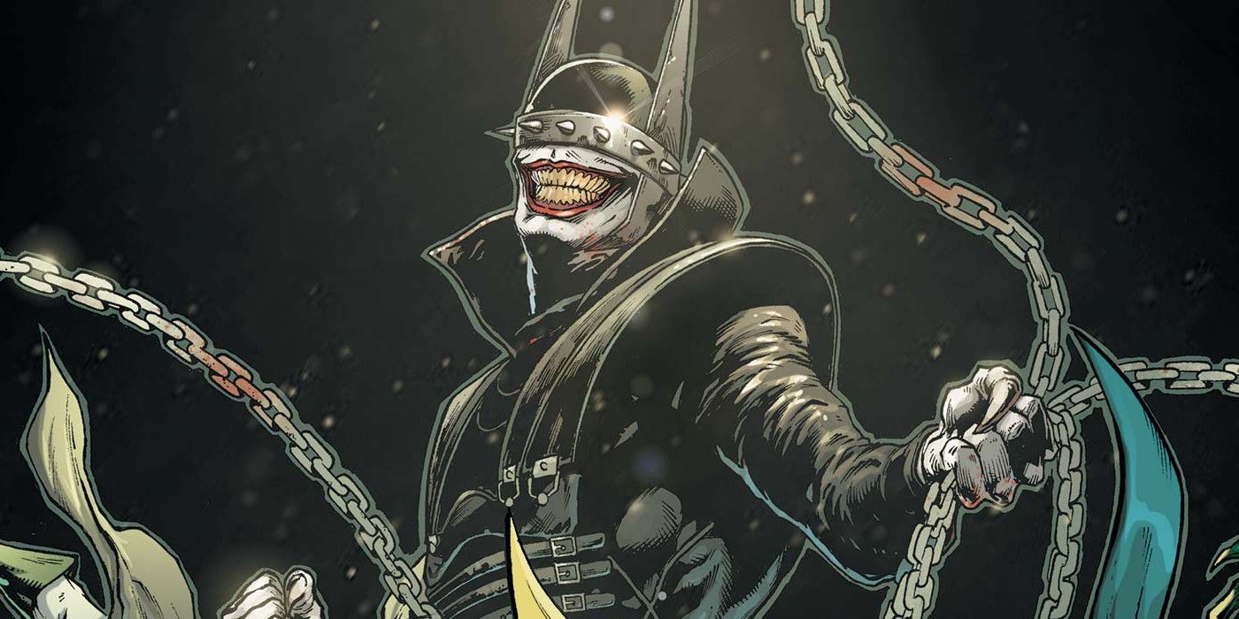 The Batman Who Laughs holding the chains of his Robins from DC Comics
