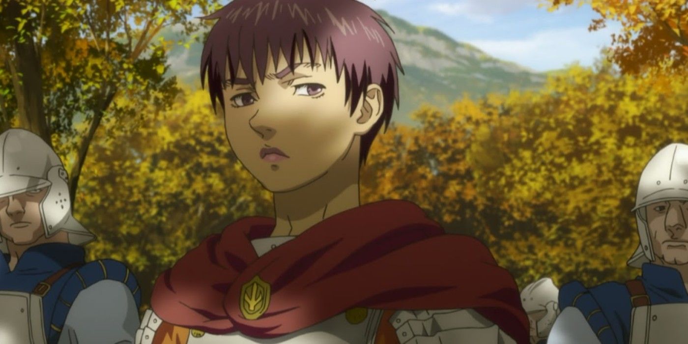 Casca looks serious with two soldiers behind her in Berserk