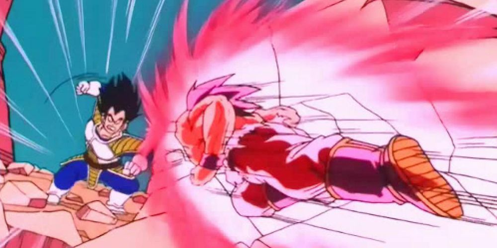 Goku uses his Kaio-Ken Attack on Vegeta in Dragon Ball Z
