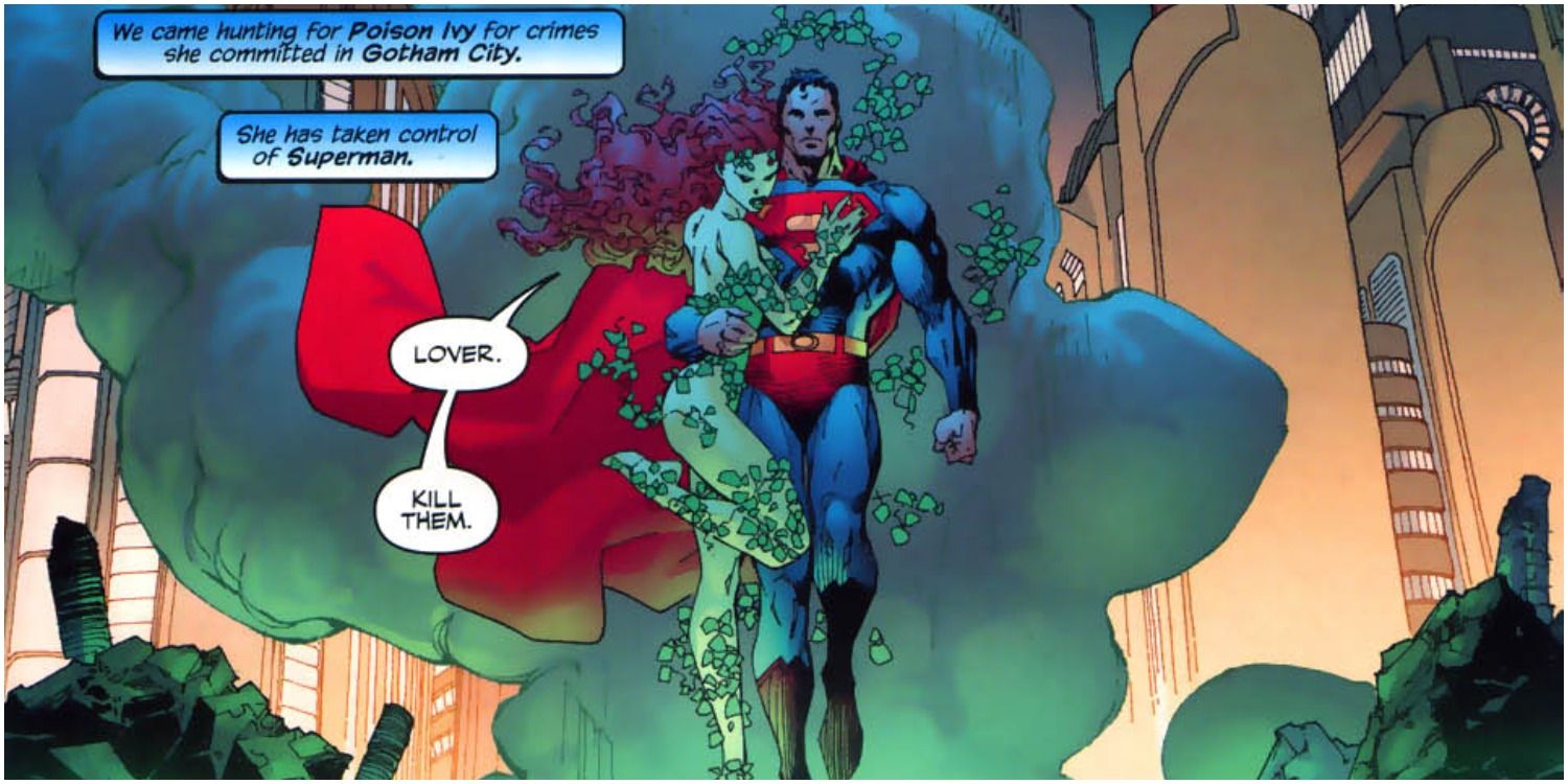Poison Ivy and Superman cuddled together