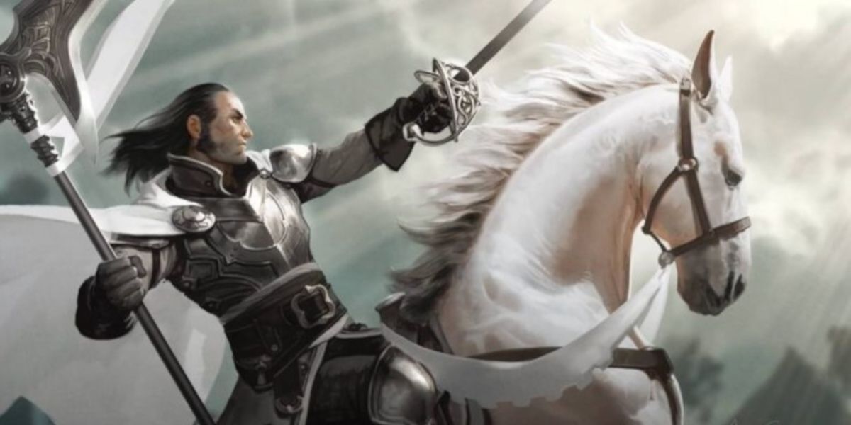 DnD paladin riding a white horse wielding a sword.