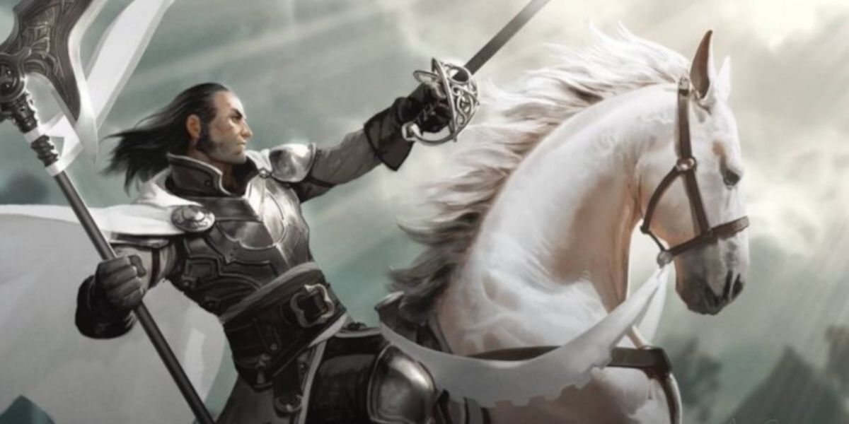 DnD paladino montando um cavalo branco empunhando uma espada.