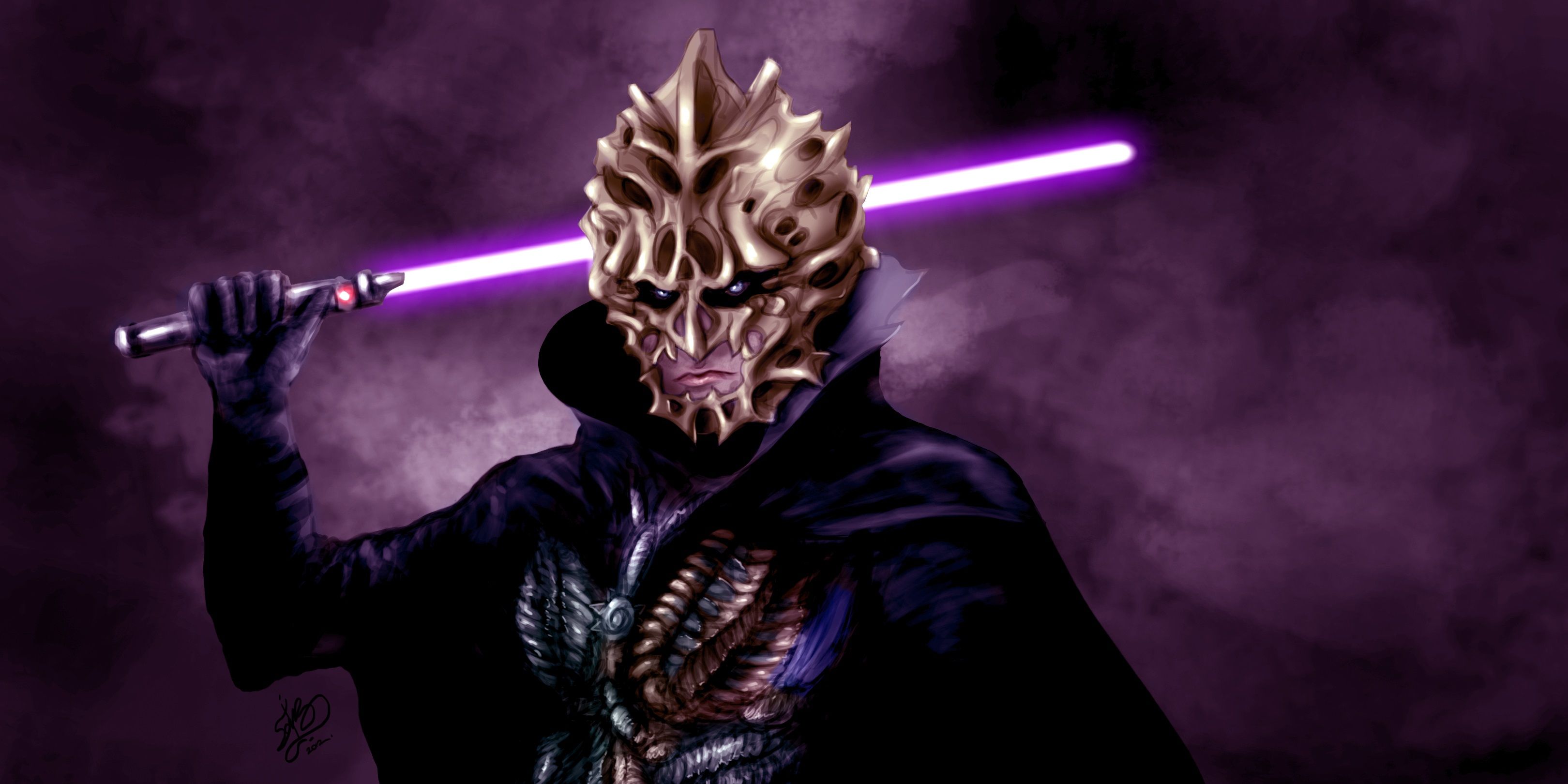 Darth Bane wearing a mask and holding a purple lightsaber