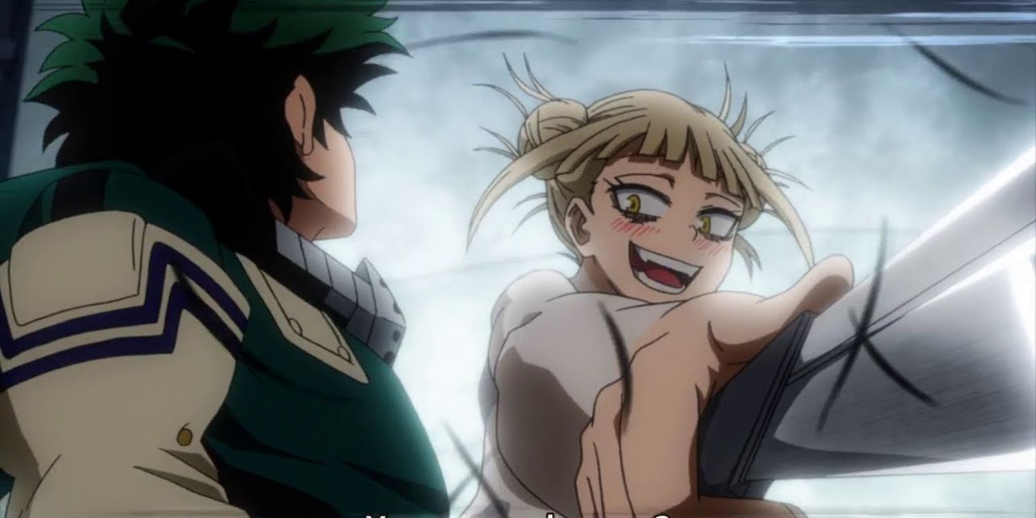 Toga thrusting a long knife at Deku’s head, but mission from My Hero Academia.