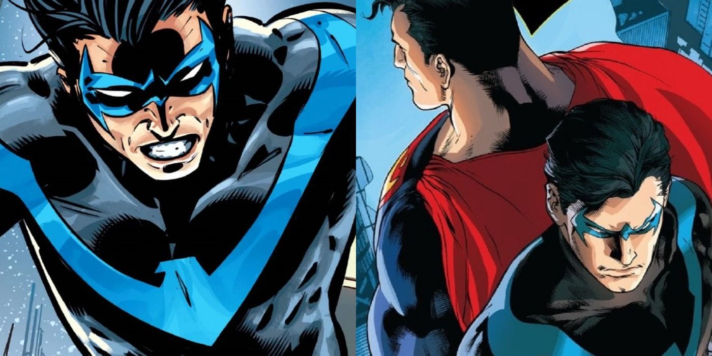 split image of Nightwing and Superman back to back in DC Comics