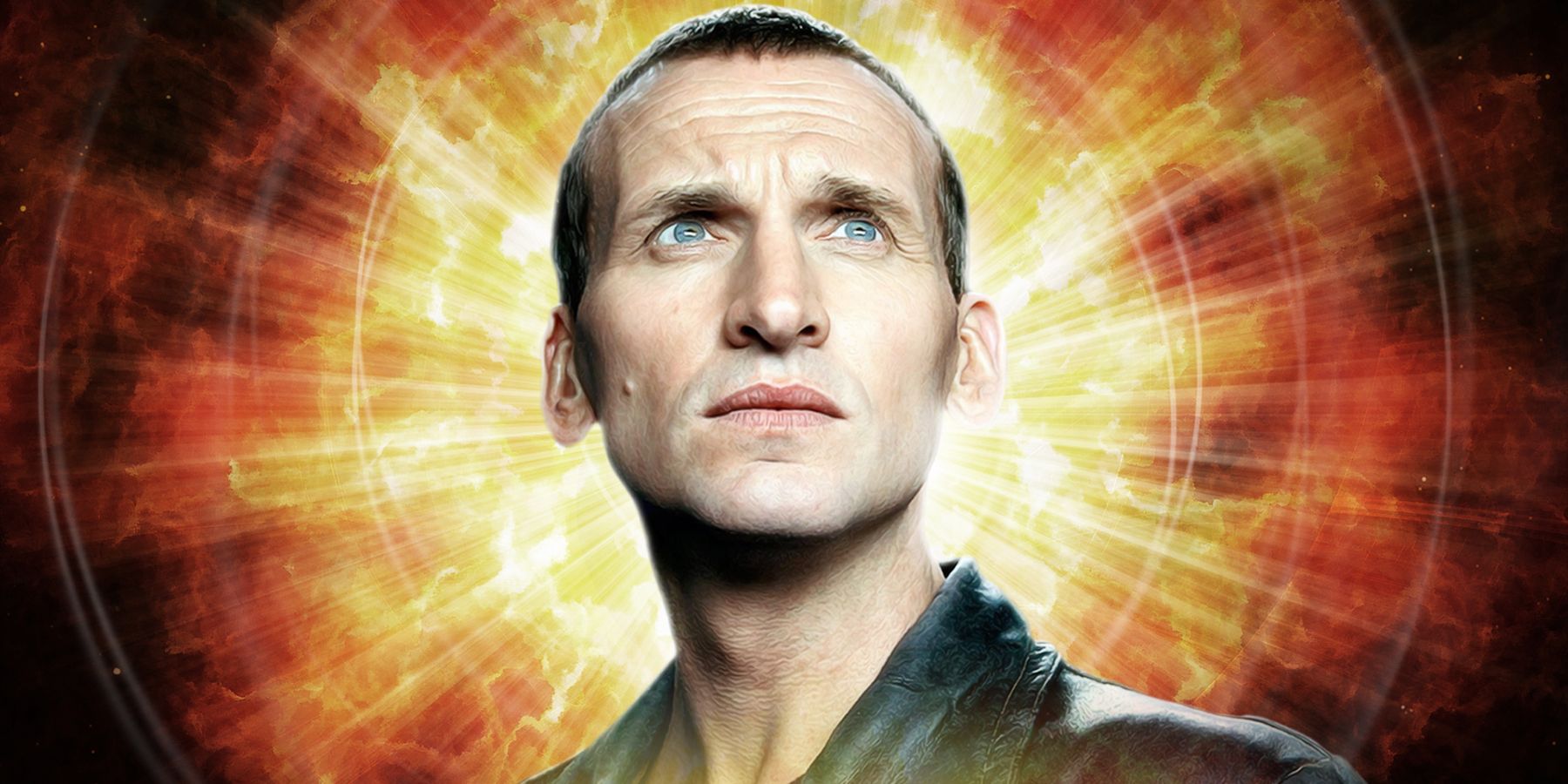 Ninth Doctor from Doctor Who concerned in front of red and orange background.