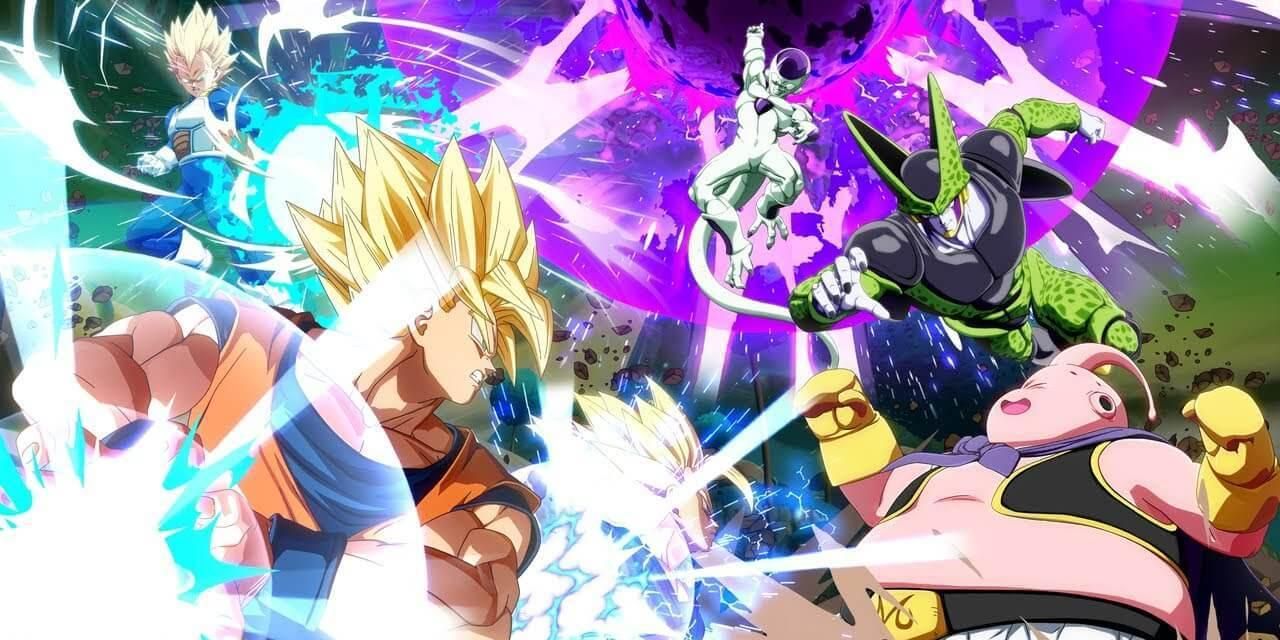 super saiyan goku preparing a kamehameha against buu, perfect cell, and frieza