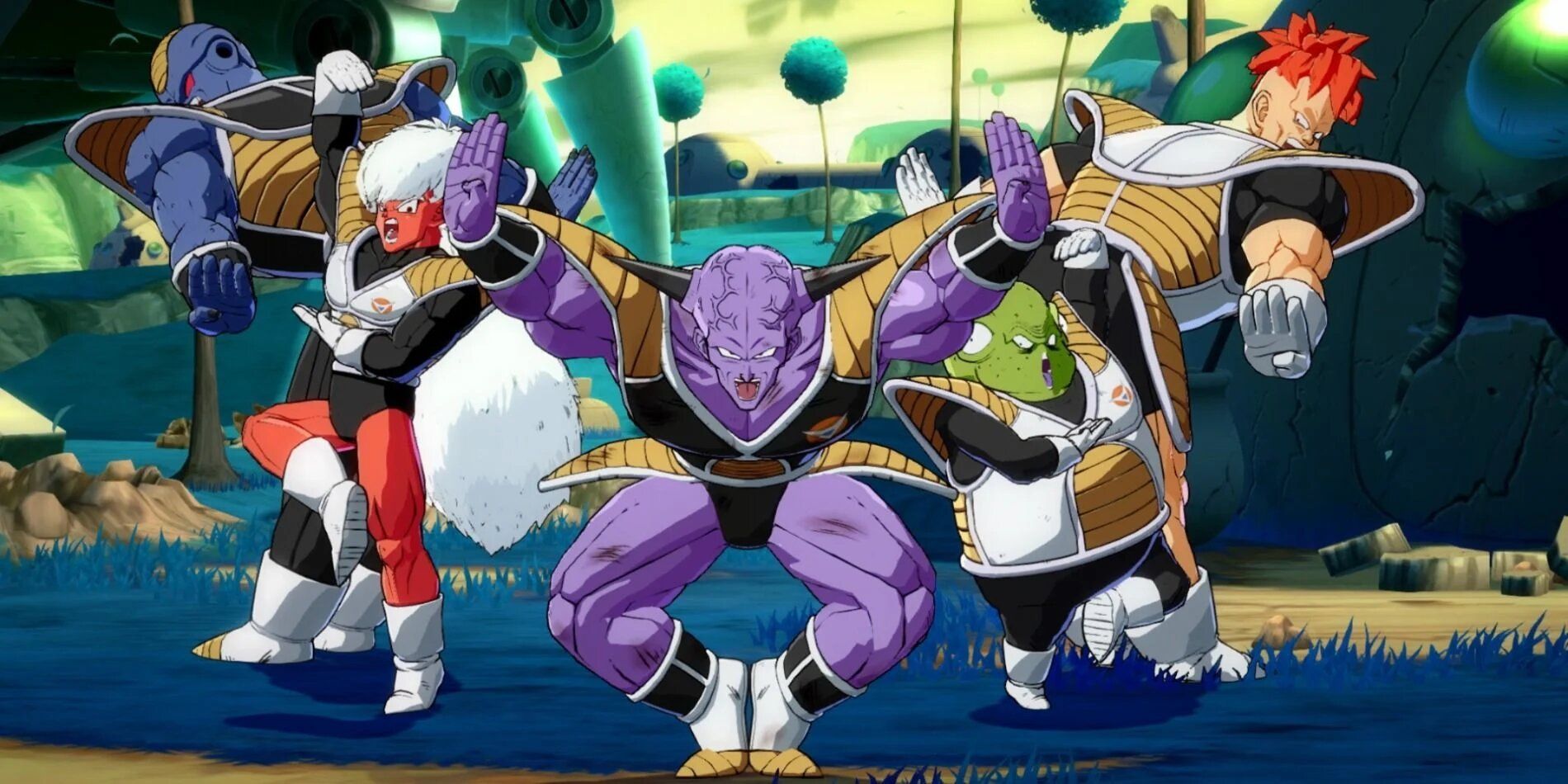 The Ginyu Force pose before battle in Dragon Ball FighterZ
