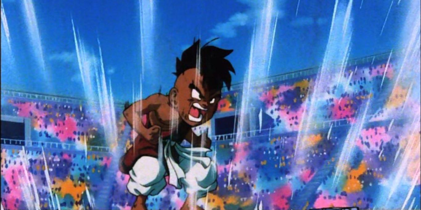 Uub powers up in the World Martial Arts Tournament in Dragon Ball Z.