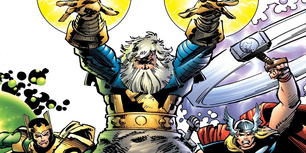 Odin stands between Loki and Thor in Marvel Comics