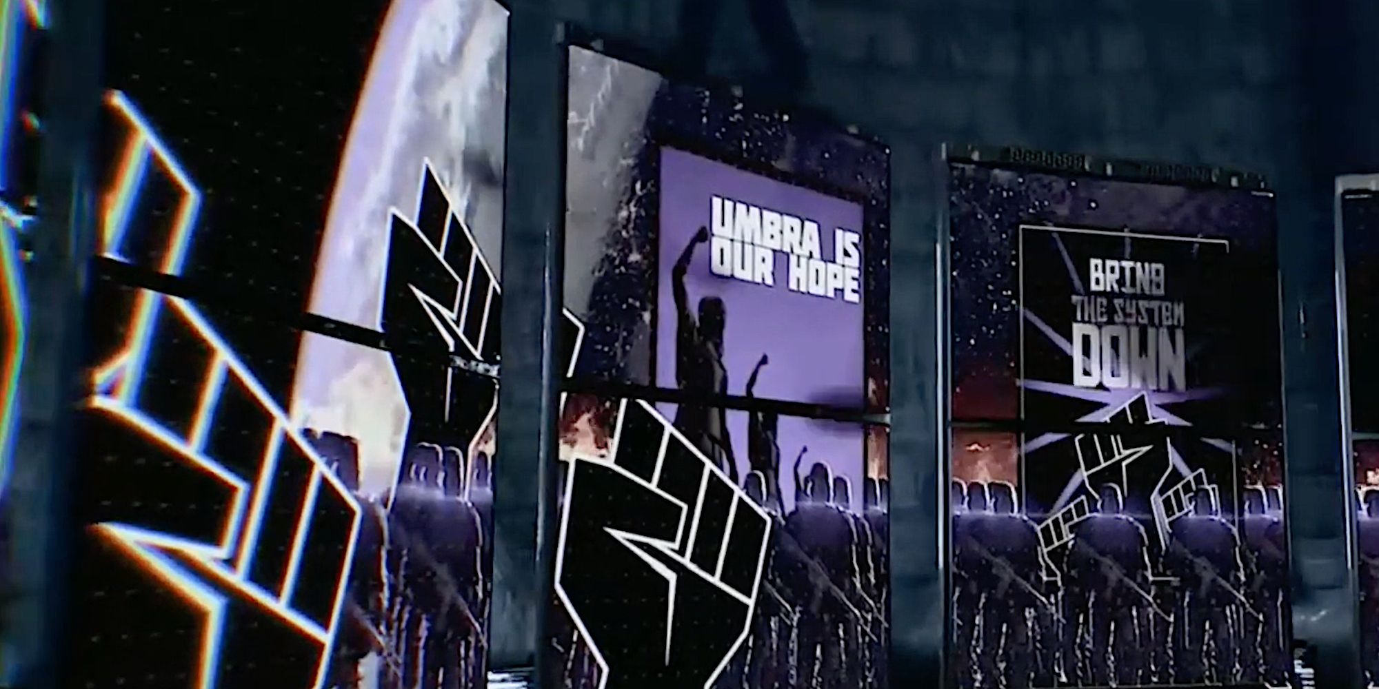A series of displays showing icons of clenched black fists