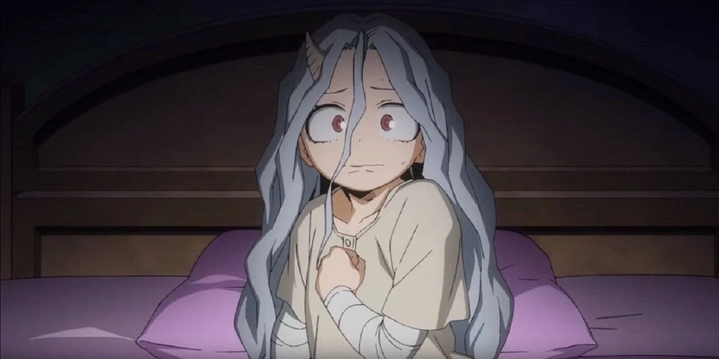 Eri cowering on her bed at the Shie Hassaikai from My Hero Academia.