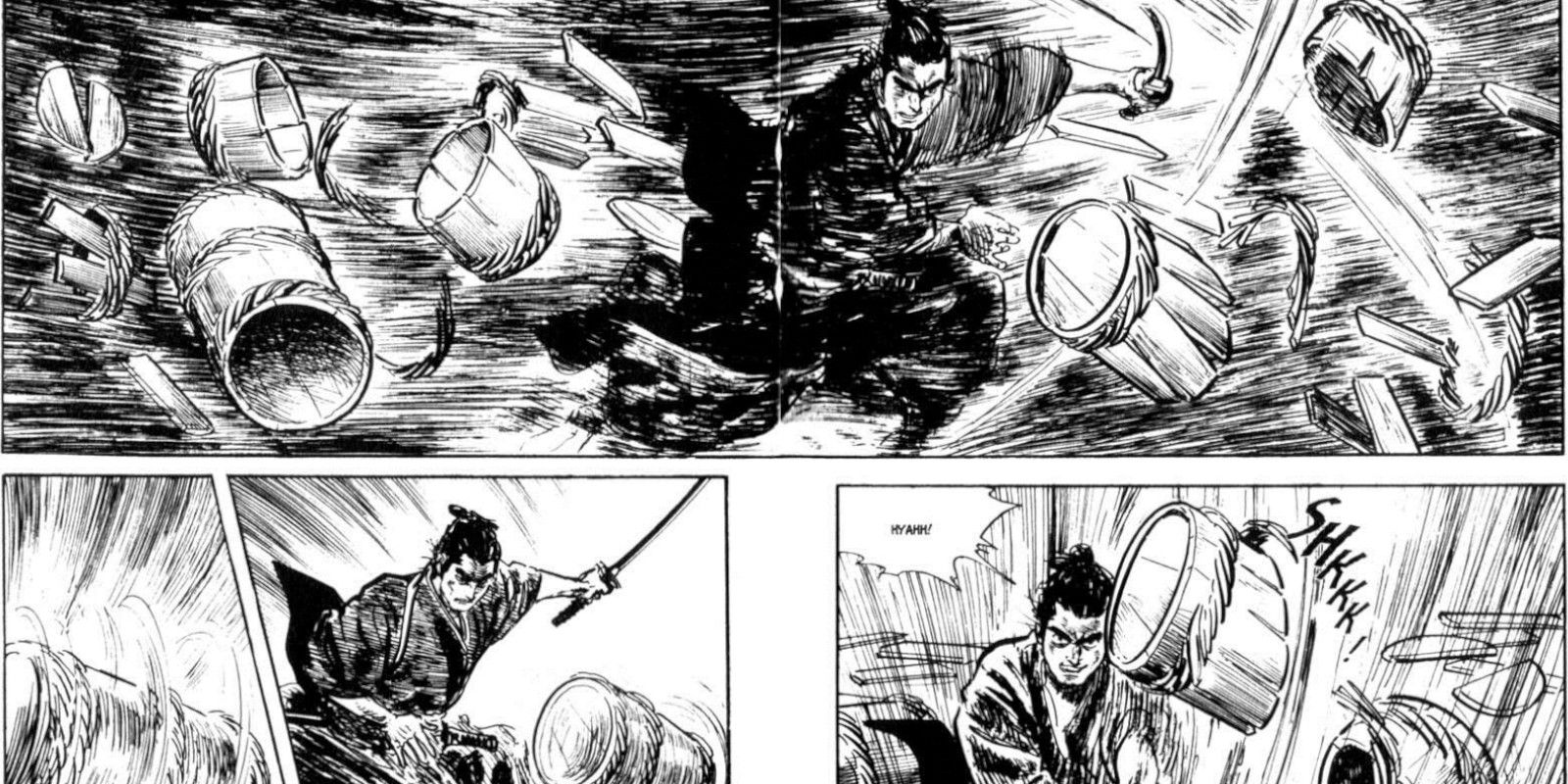 Yamada Asaemon slicing through some barrels in Samurai Executioner 