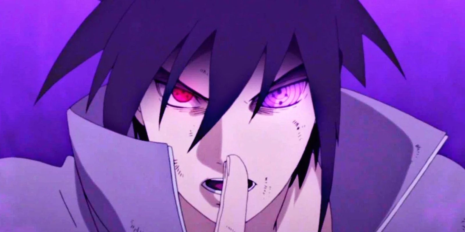 Sasuke activating his Sharingan and Rinnegan in Naruto Shippuden