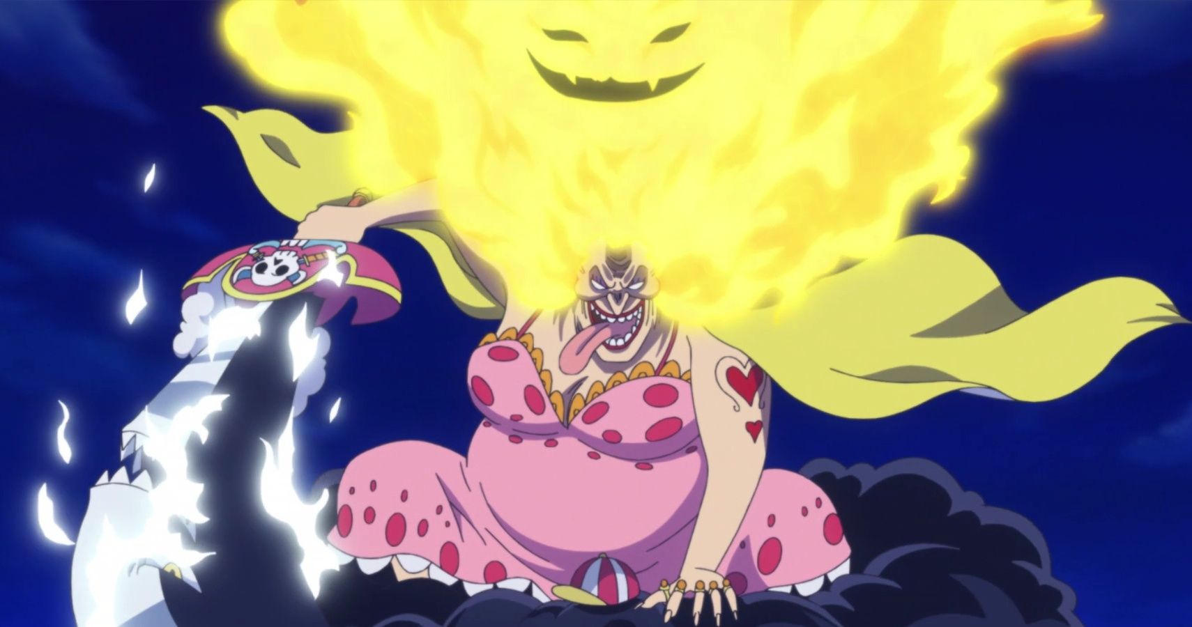 Enraged Big Mom riding Zeus in One Piece.