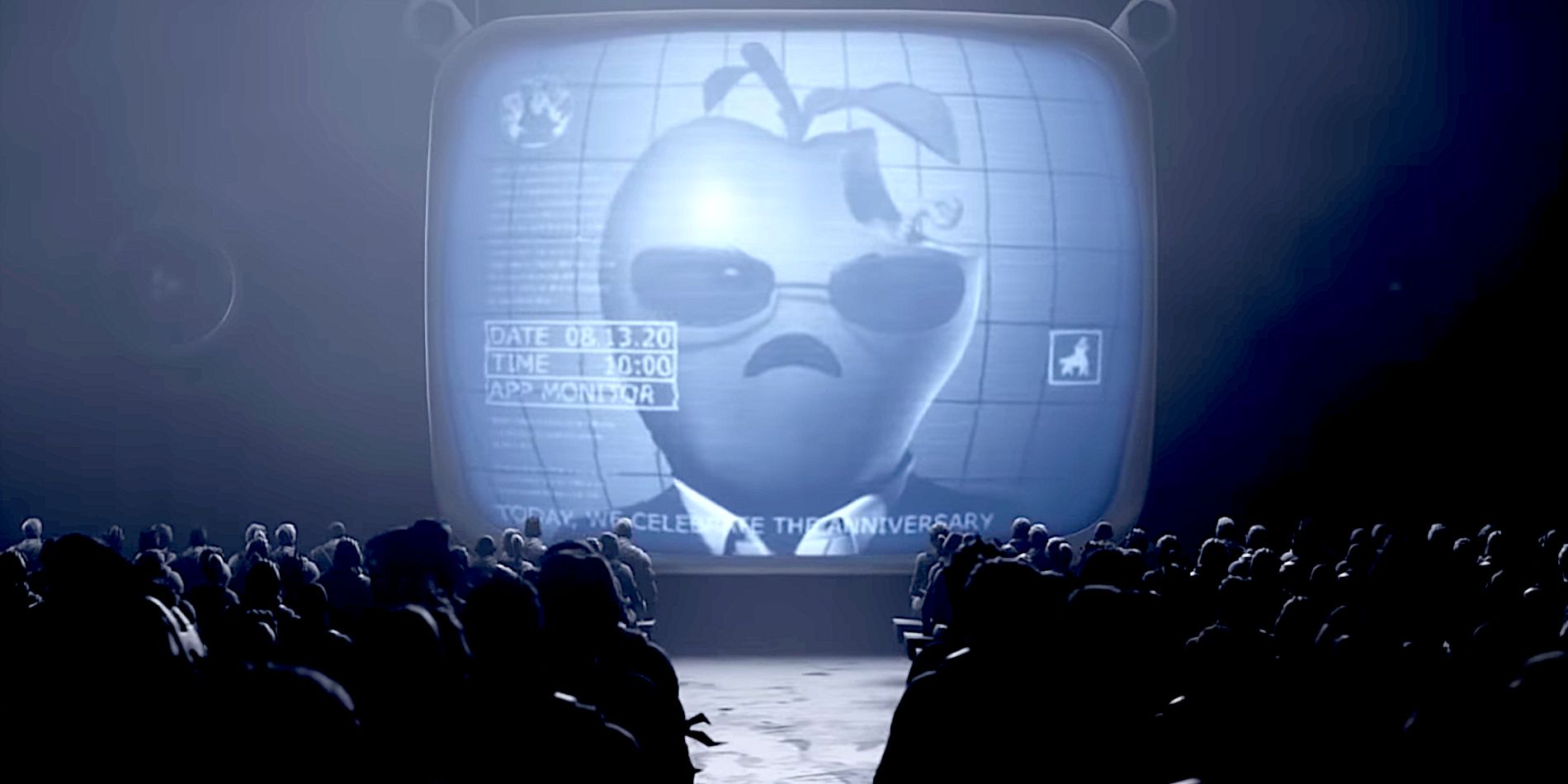 A black-and-white screen showing an apple wearing sunglasses in parody of Apple's classic 