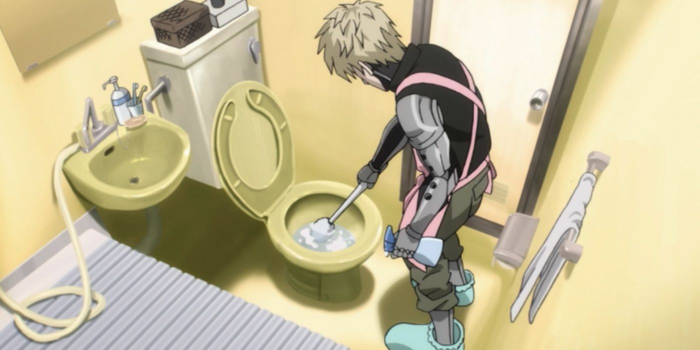 Genos cleaning a toilet