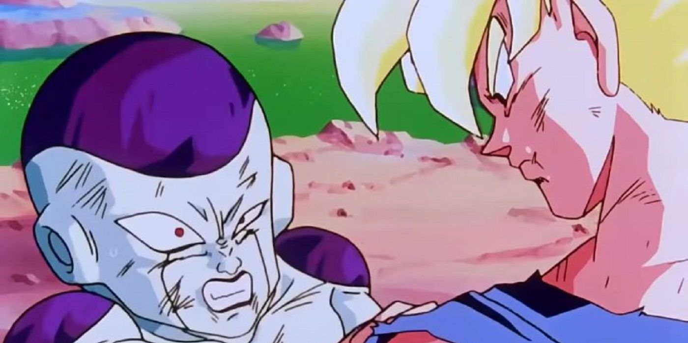 Goku stares down Frieza during their fight on Namek in Dragon Ball Z