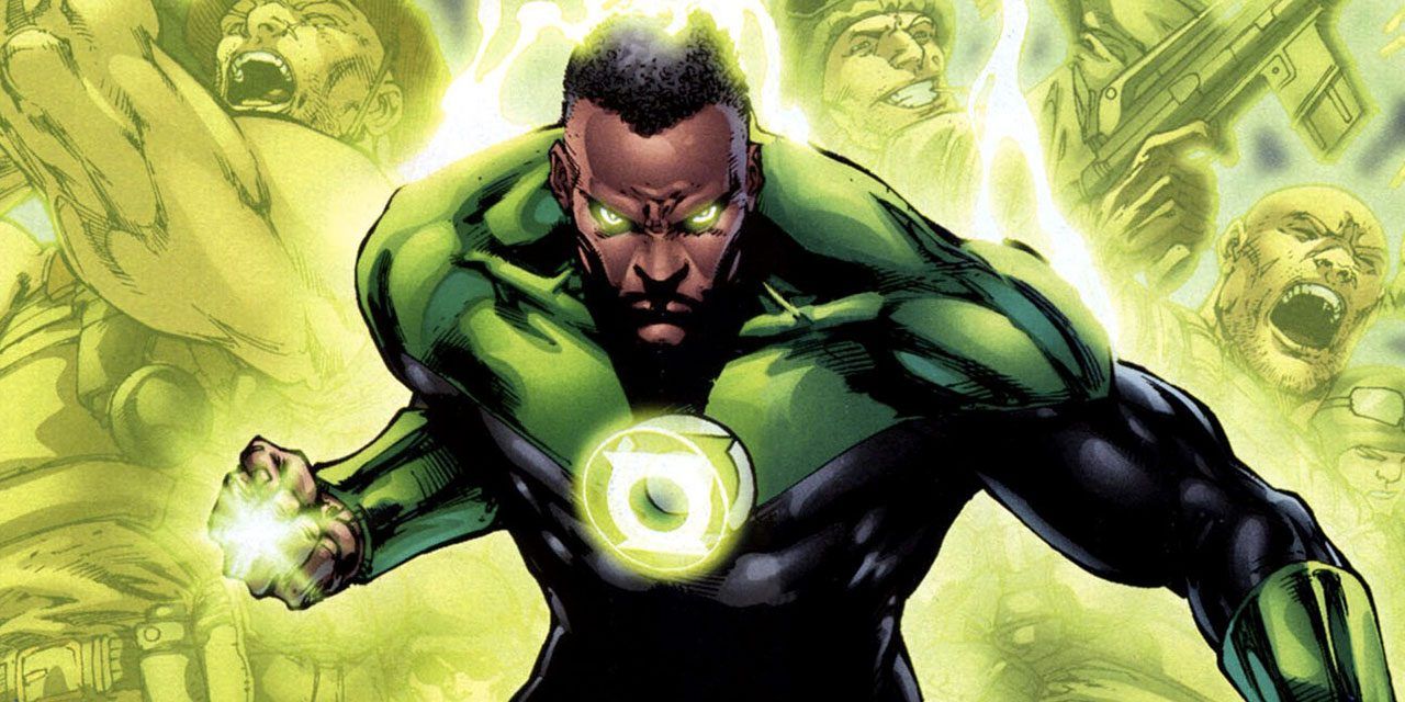 The Green Lantern John Stewart prepares to strike as his eyes glow green in DC Comics
