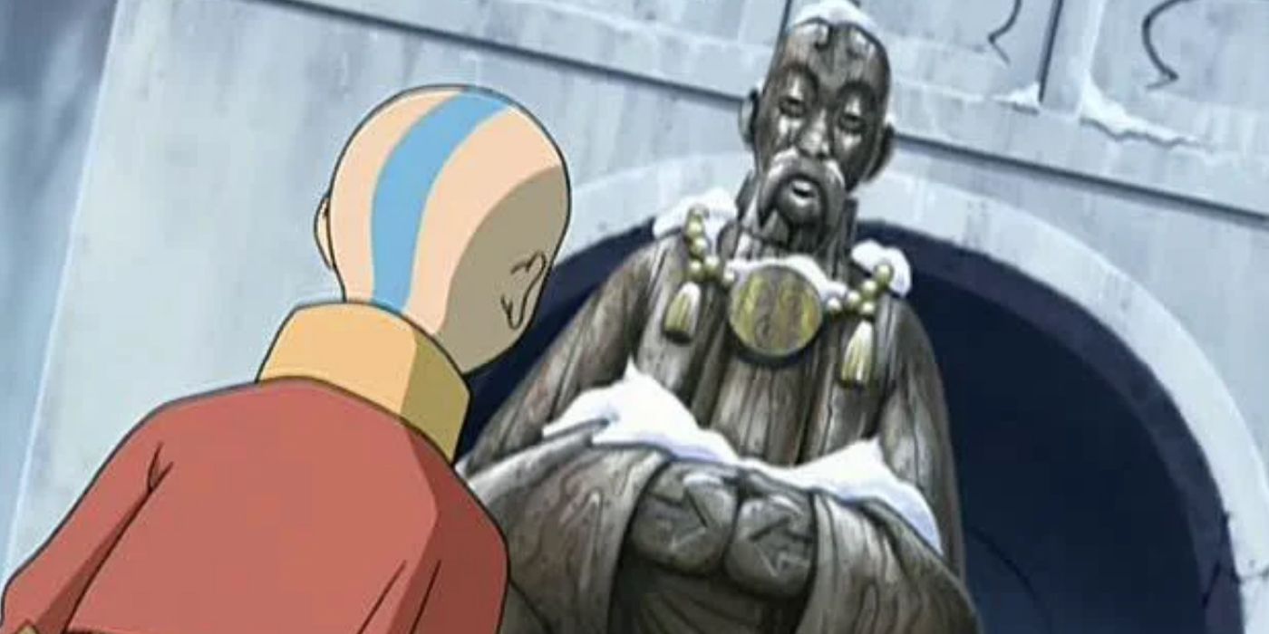 Aang from Avatar the Last Airbender standing in front of a statue of Monk Gyatso