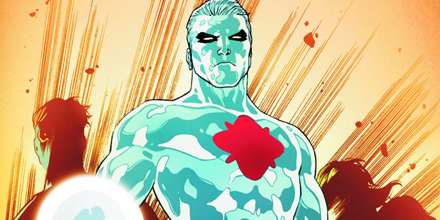 Captain Atom from DC Comics in front of an explosion