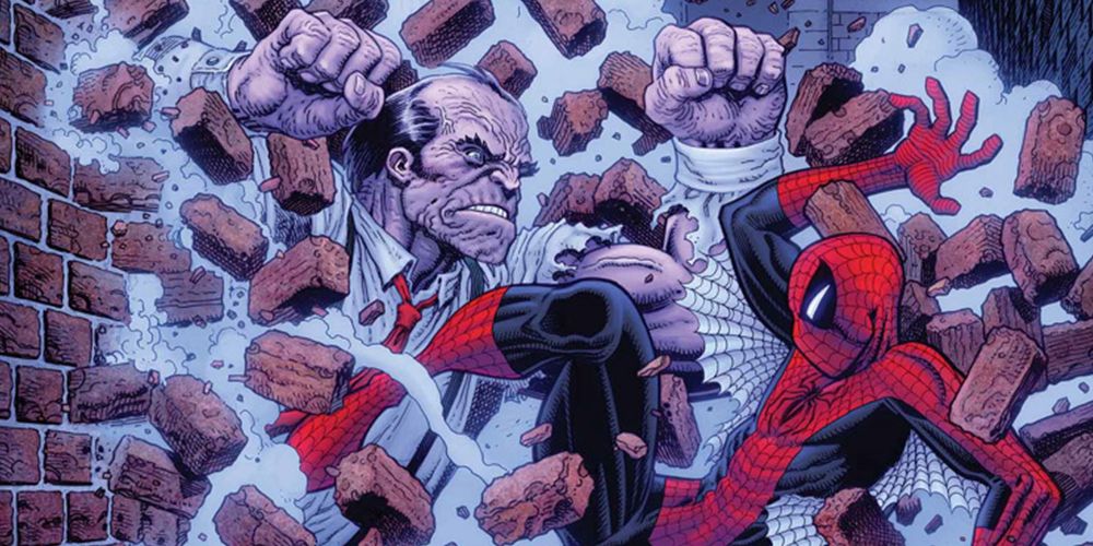Hammerhead and Spider-Man duke it out As Hammerhead Breaks Through A Brick Wall