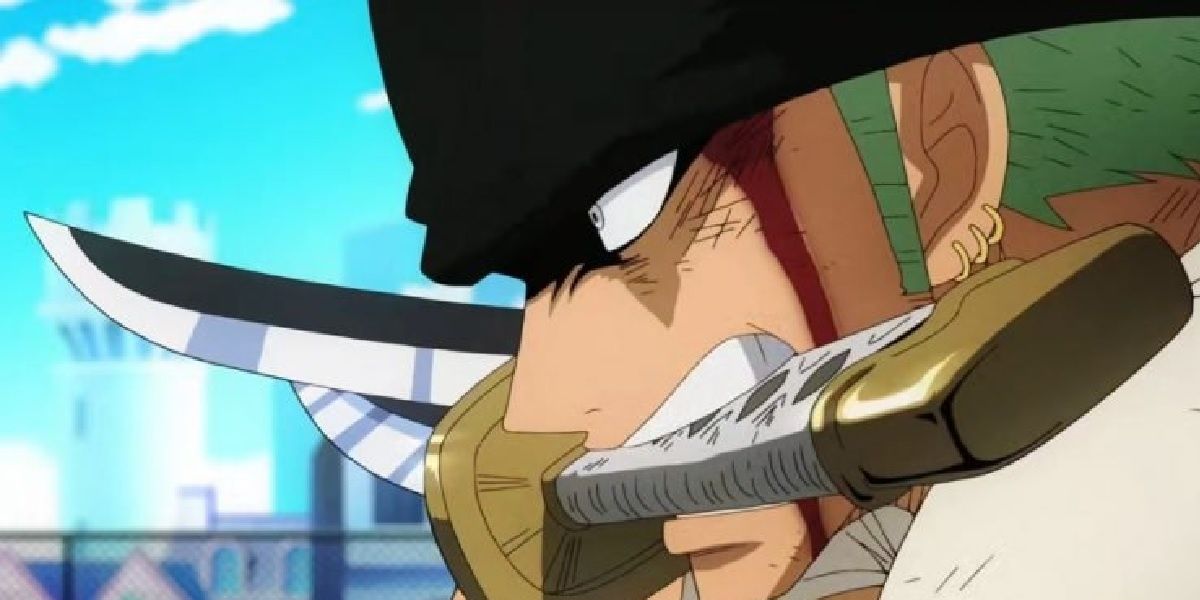 Roronoa Zoro holds his swords after joining Monkey D. Luffy's crew, the Straw Hat Pirates, in One Piece's Romance Dawn Arc