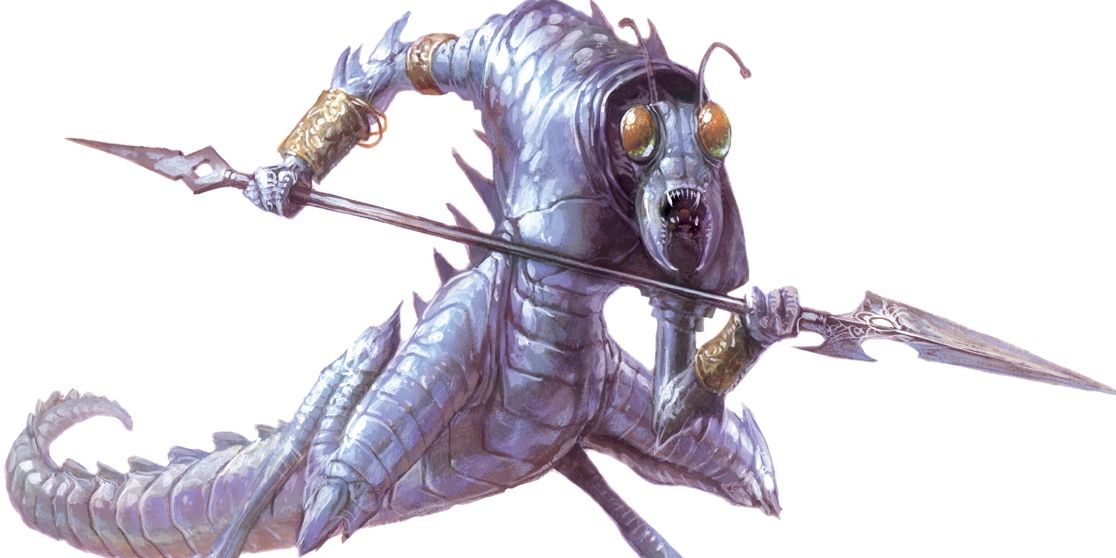A buglike ice devil from DnD holding a spear.