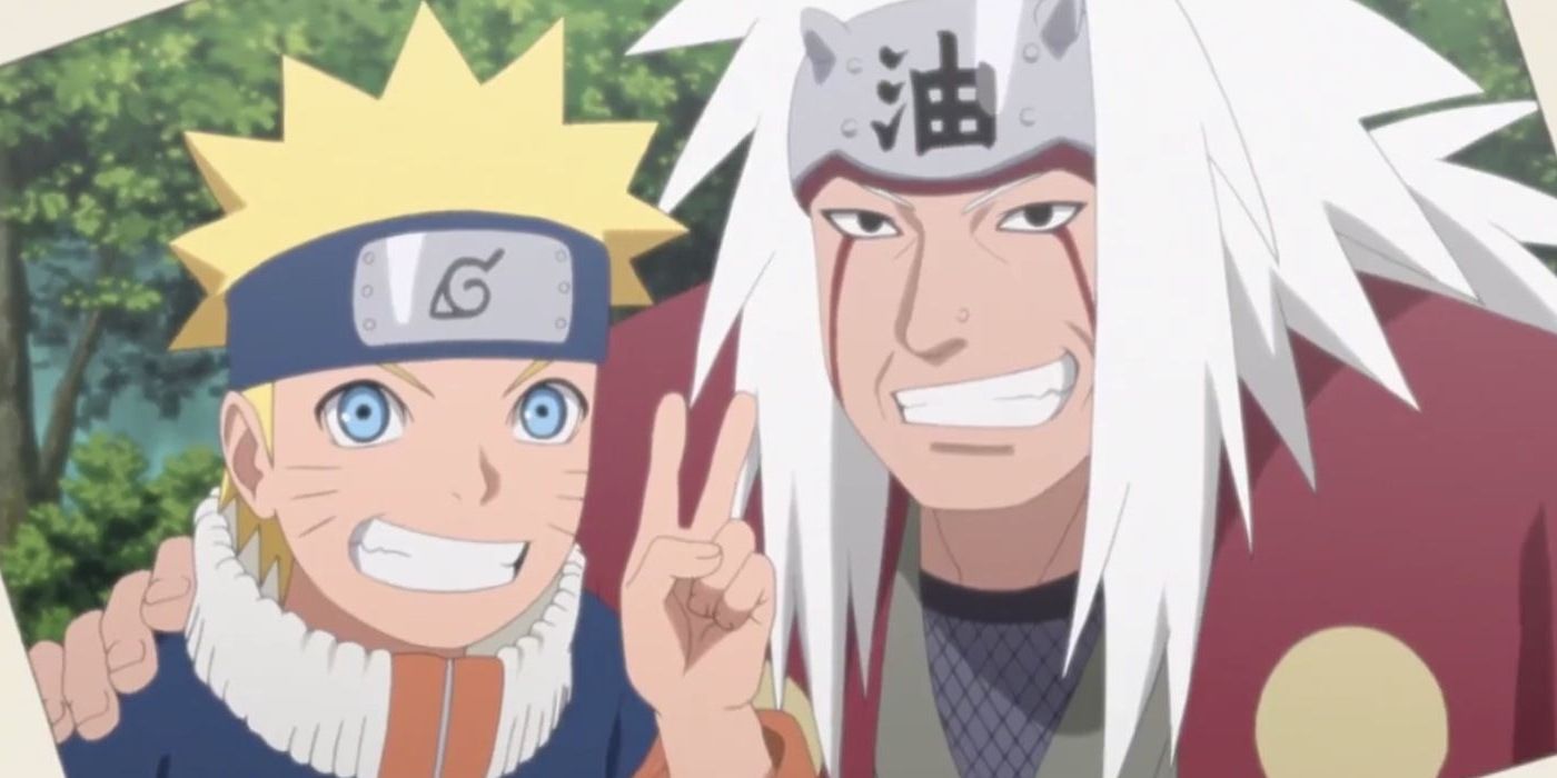 Naruto and Jiraiya posing together happily