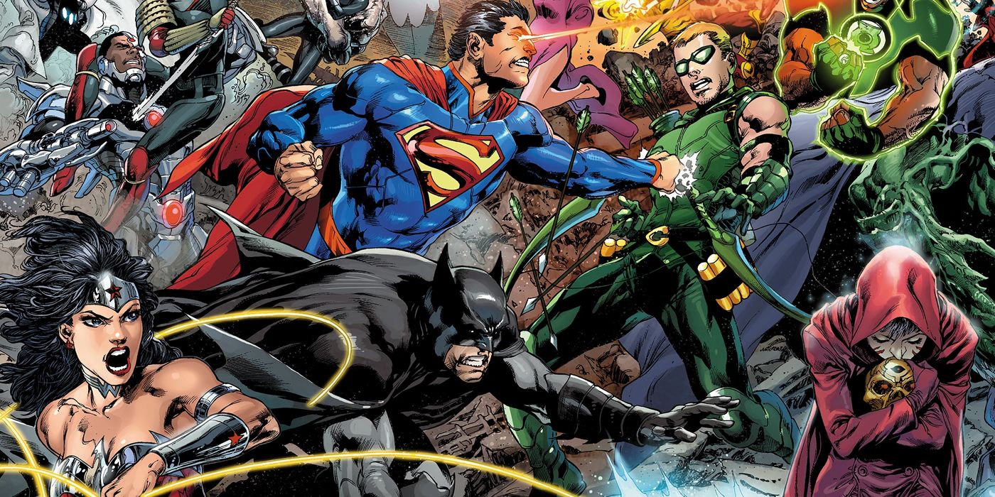 Justice League affrontant d'autres équipes de la Justice League dans Justice League: Trinity War de DC Comics