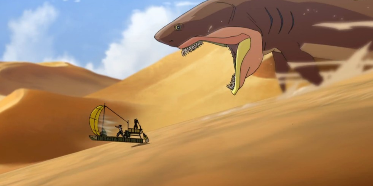 Korra and Asami being chased by a Sand Shark
