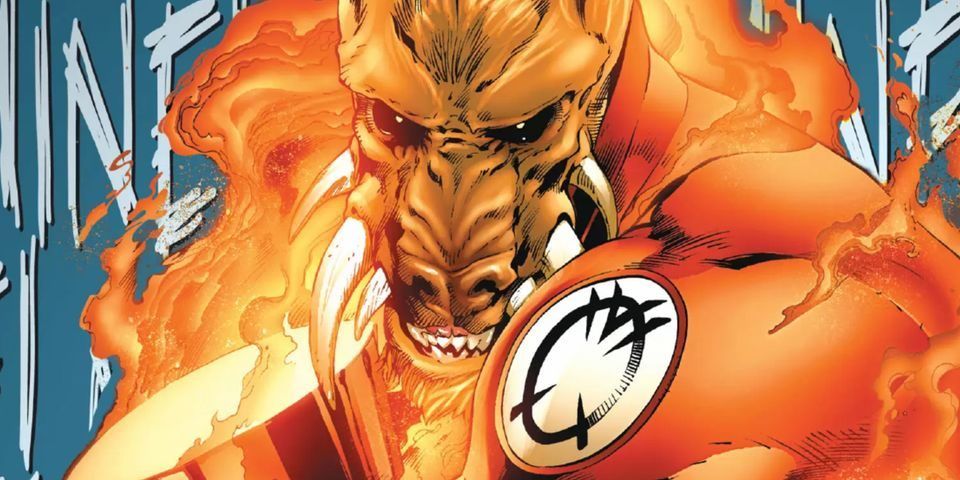 Larfleeze the Orange Lantern hugging his Orange Power Battery in DC Comics