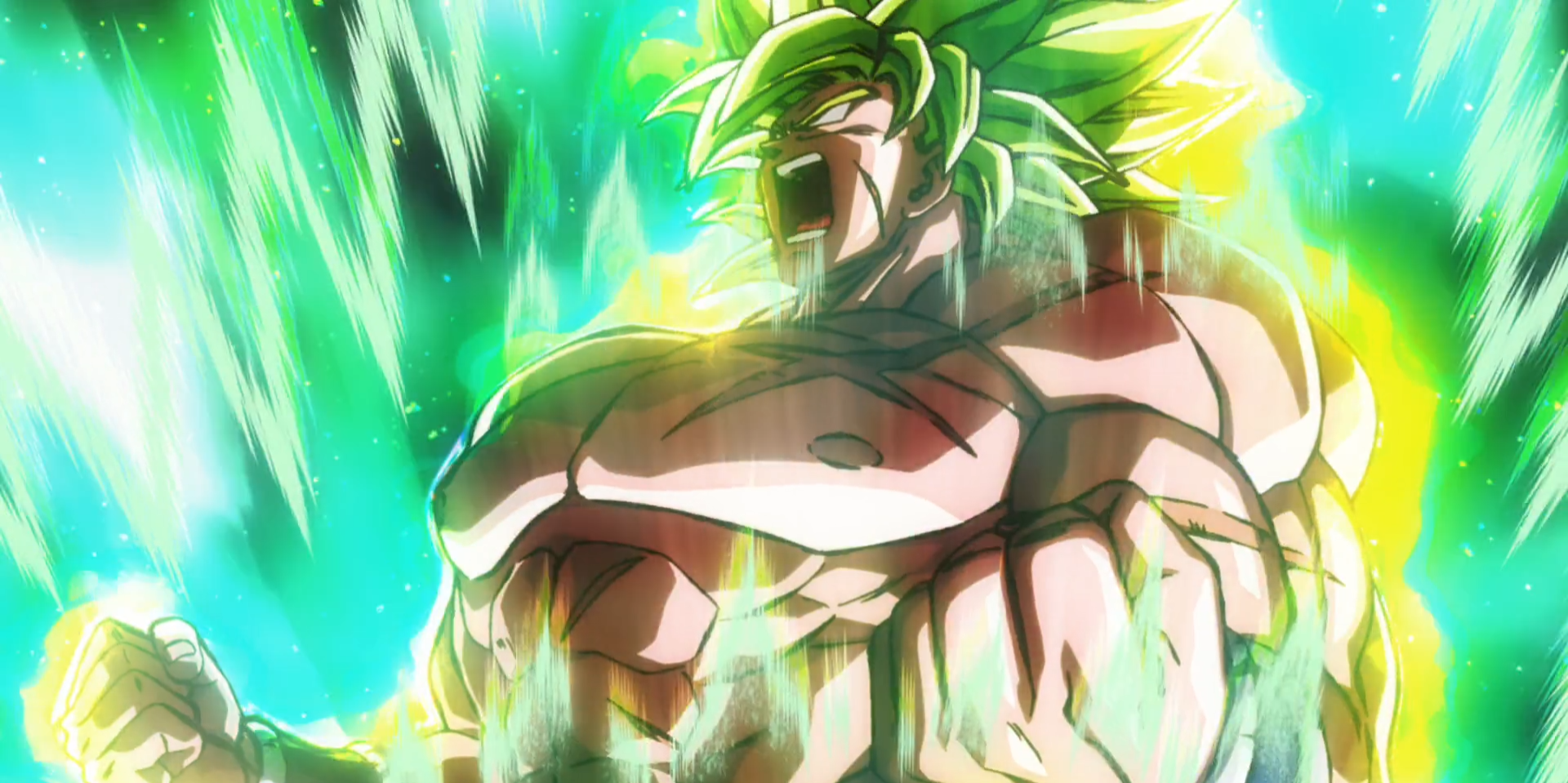 An image of Broly screaming while in Legendary Super Saiyan from