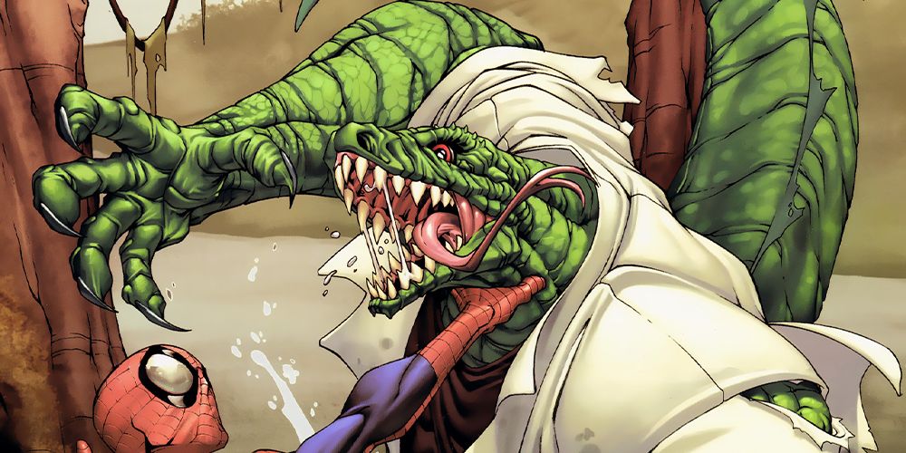 Spider-Man fighting the Lizard in Marvel comics.