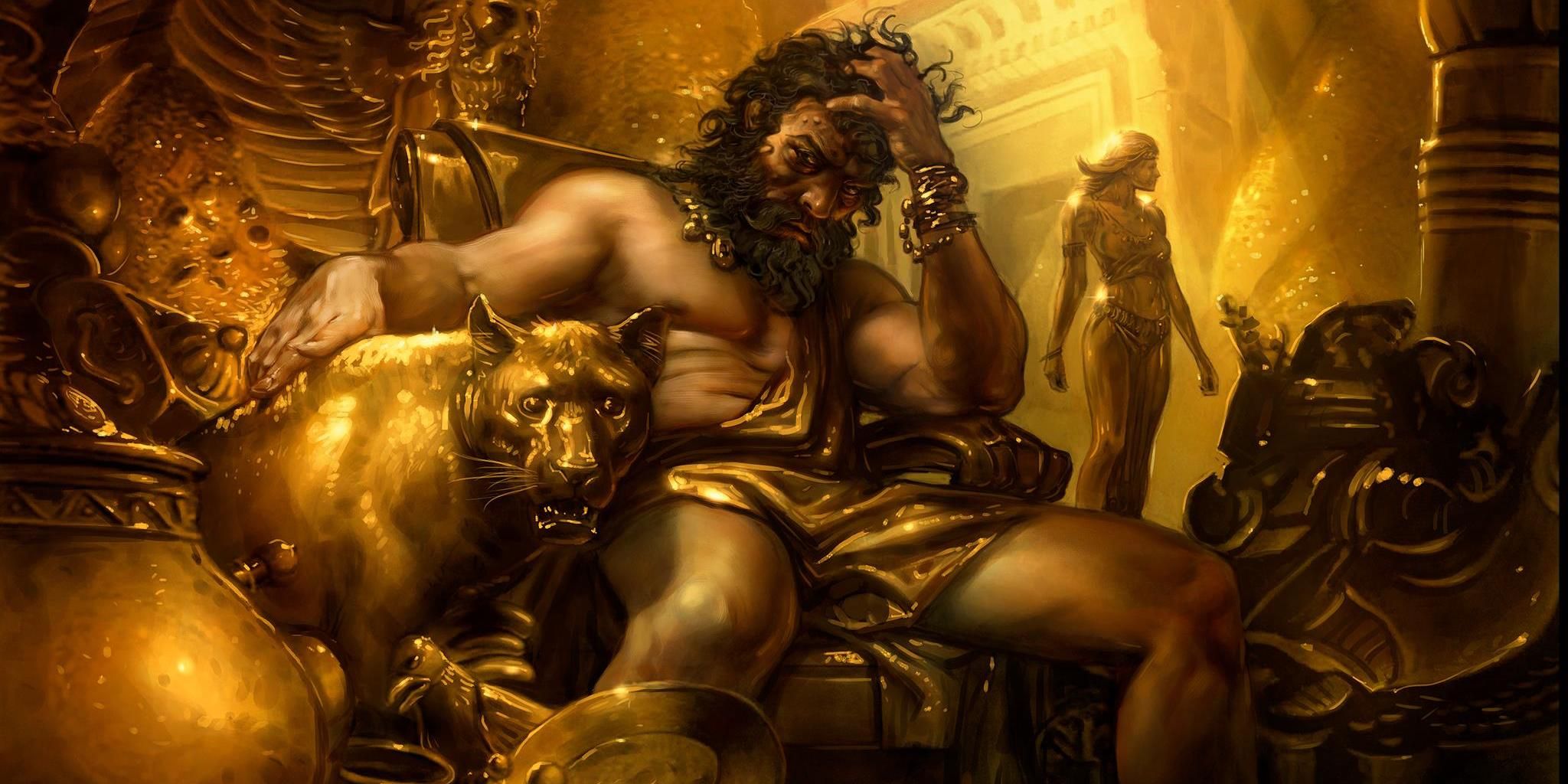 A bedraggled man with a ragged black beard sitting amidst a room filled with gold