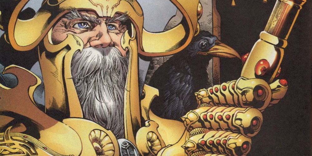 A gold-clad Odin with one of his Ravens on his shoulder in Marvel Comics