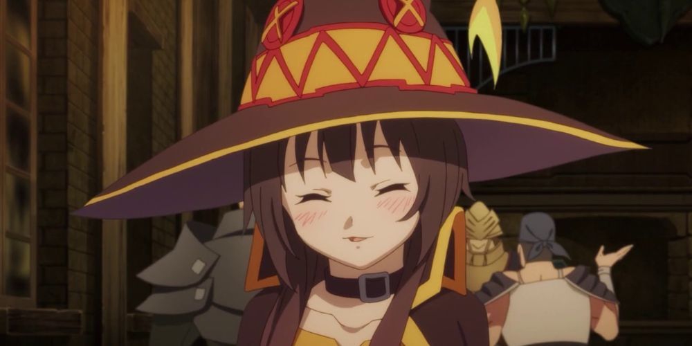 a young megumin with a content smile on her face in KonoSuba