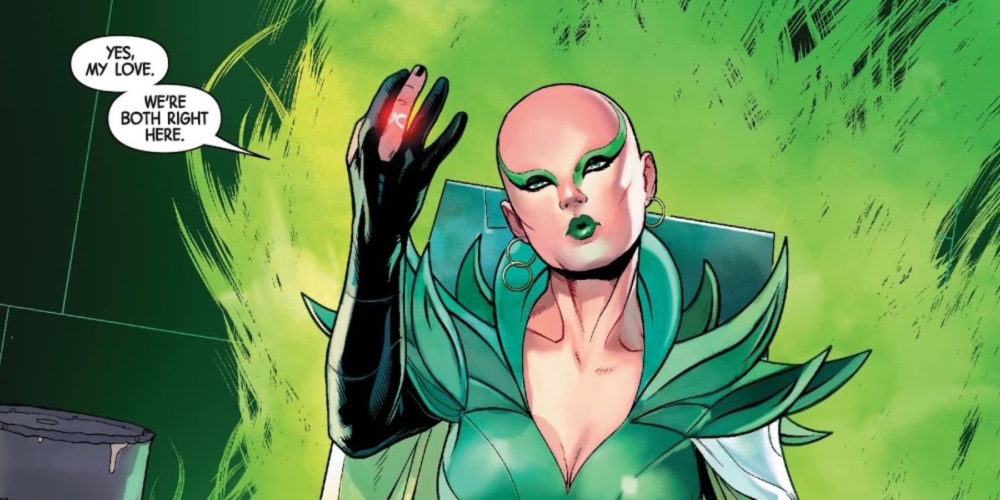 Moondragon using her powers while talking to someone in Marvel Comics.