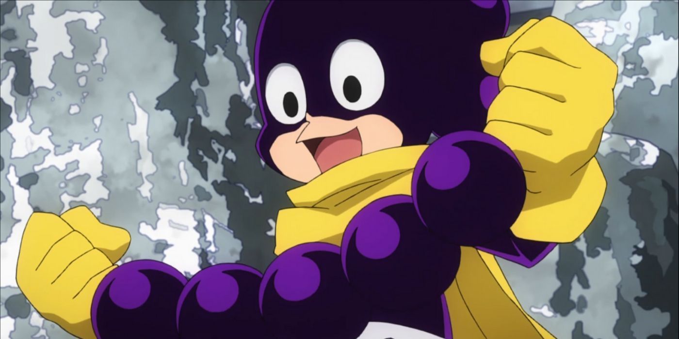 Mineta using his Quirk with a string of purple balls in his hands.