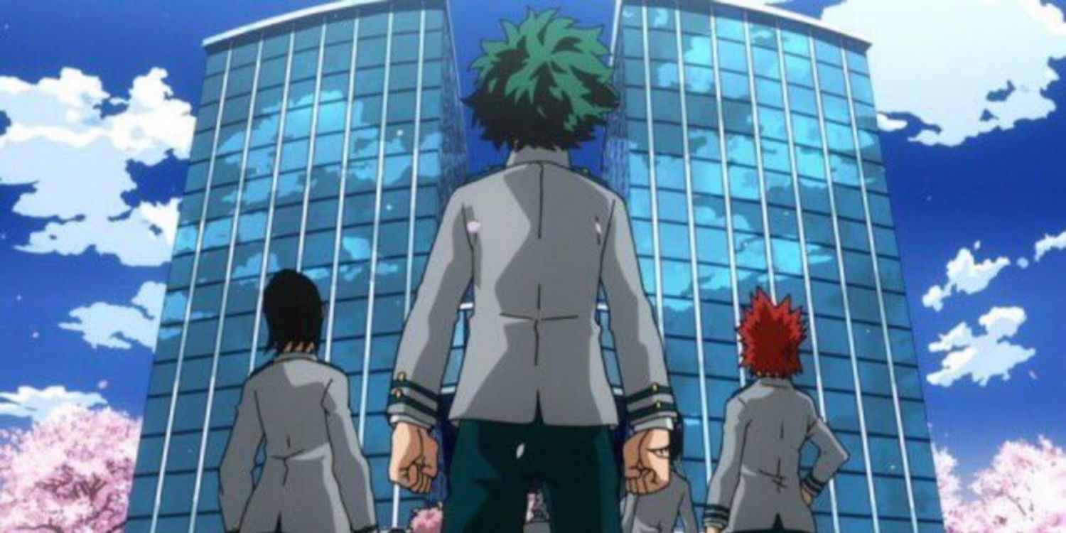 Students stand in front of U.A. High School in My Hero Academia