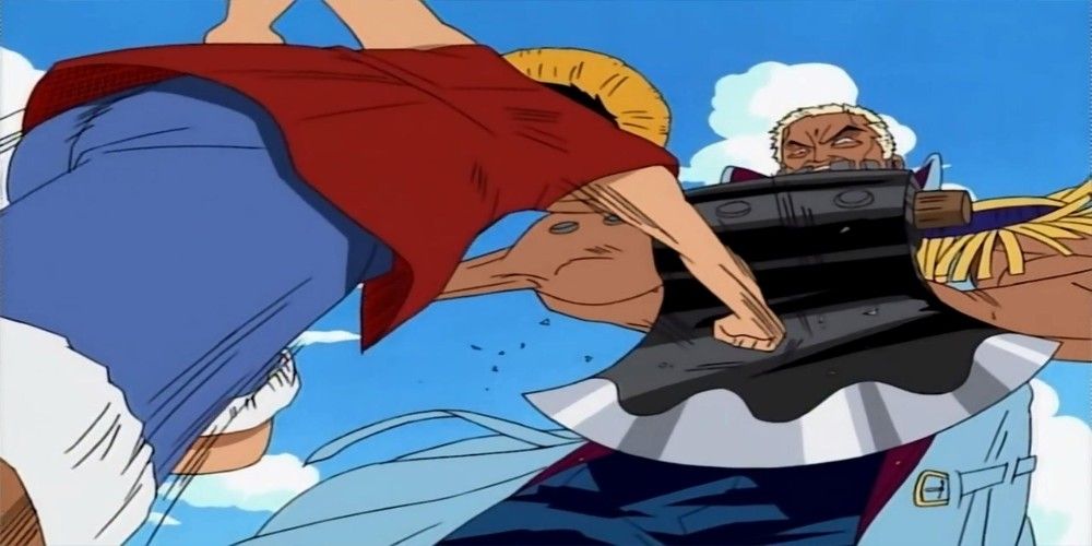 Luffy punching Axe-Hand Morgan in One Piece.
