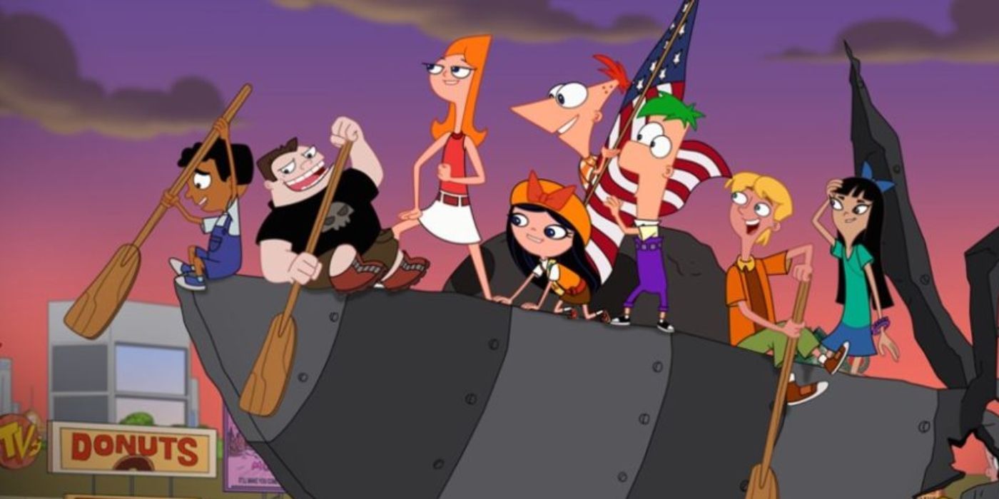Phineas and Ferb alongside their friends ride on a big ship